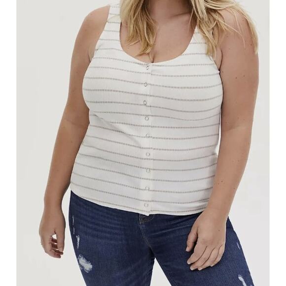 Torrid Womens Size 1 Ribbed Tank Top Snap Front White Taupe Stripe - Picture 1 of 12